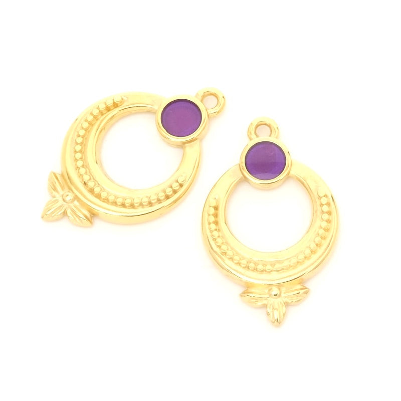 Round ethnic pendant enamelled purple 24K gold
