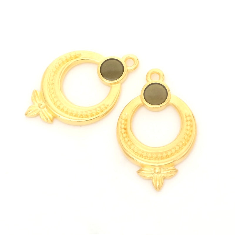 Round ethnic pendant, black enamel, 24K gold-plated