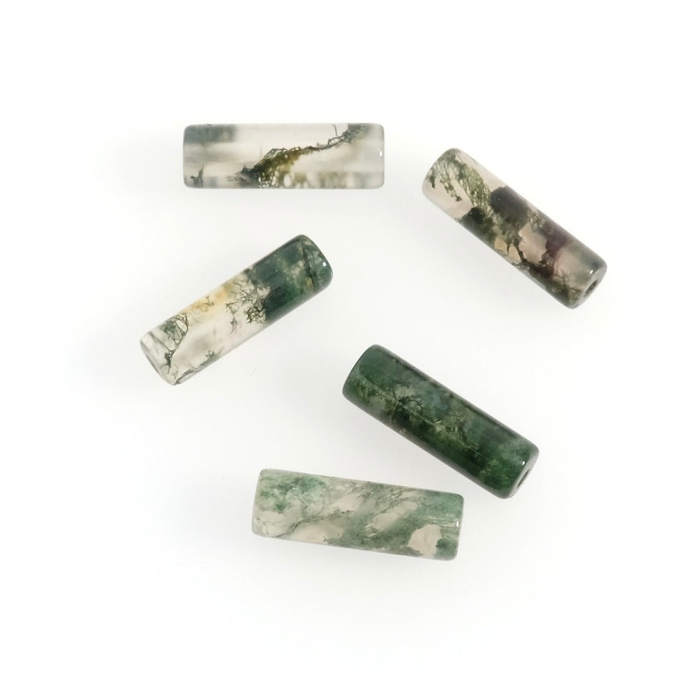 4 natural tube beads 4x13mm in Moss Agate