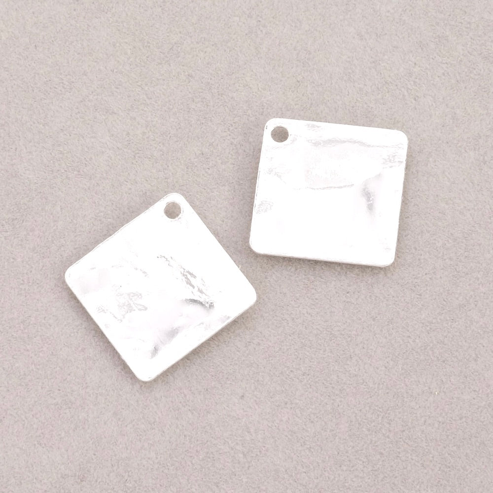 2 Hammered square 12mm pendants in 925 premium silver-plated brass