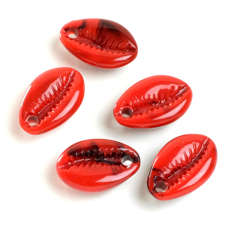 5 red coral-effect shell cowrie pendants