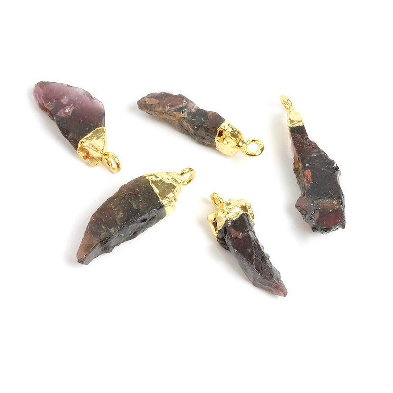 Elongated Garnet Rough Stone Pendant Gilded in 24K Gold