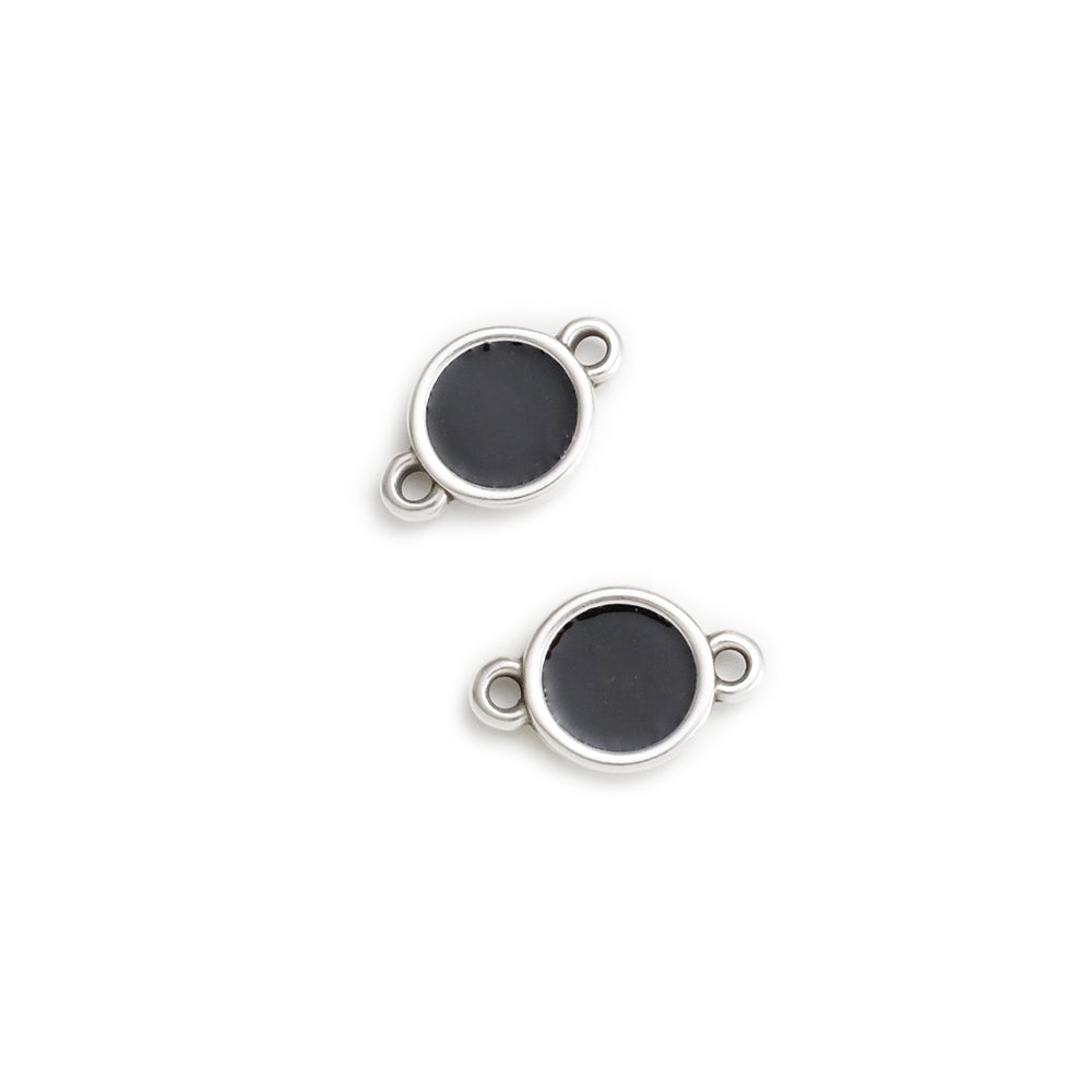 2 Round Black Enamelled Connectors in Silver-Plated Zamak