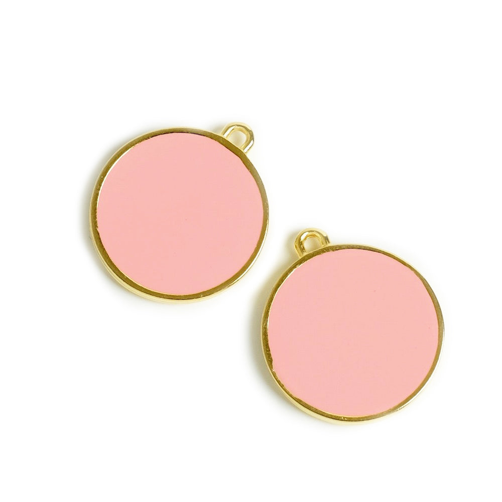 Gold 24K Zamak 19mm Round Coral Pink Enamel Pendant