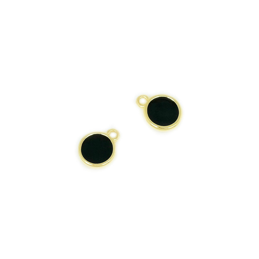 2 round black enameled pendants in 24K gold-plated Zamak