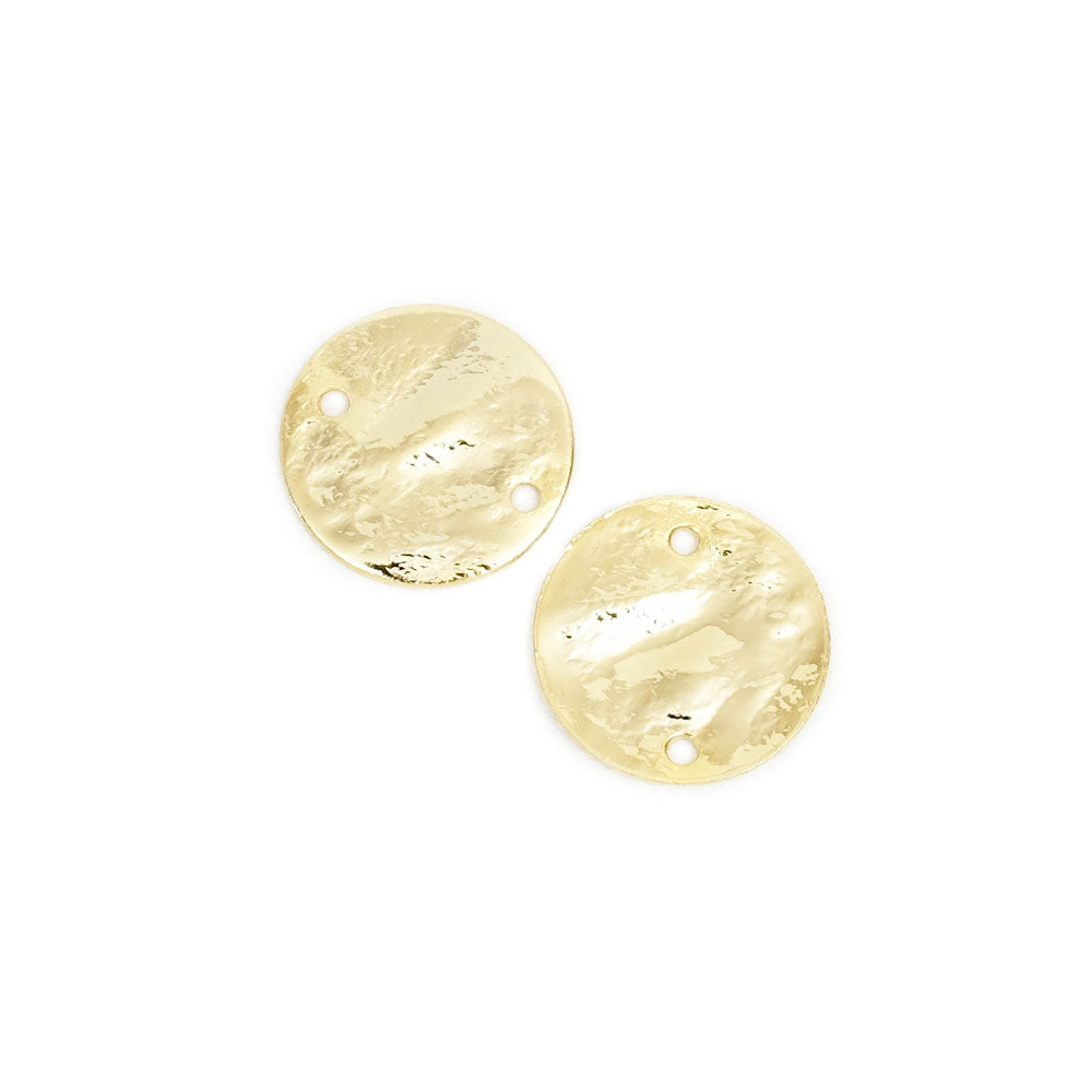 2 hammered round sequin connectors, 15mm, in 24K gold-plated brass
